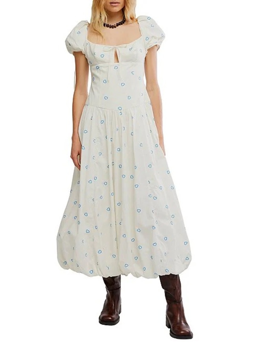 Free People Bali Sprinkled Heart Puff Sleeve Maxi Dress Size 4 NWT
